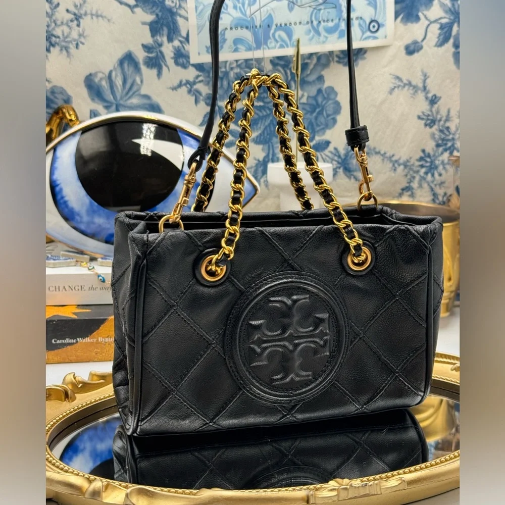 🆕 TORY BURCH 🧿 NWT Mini Fleming Soft Chain Tote - Black Leather -AUTHENTICATED